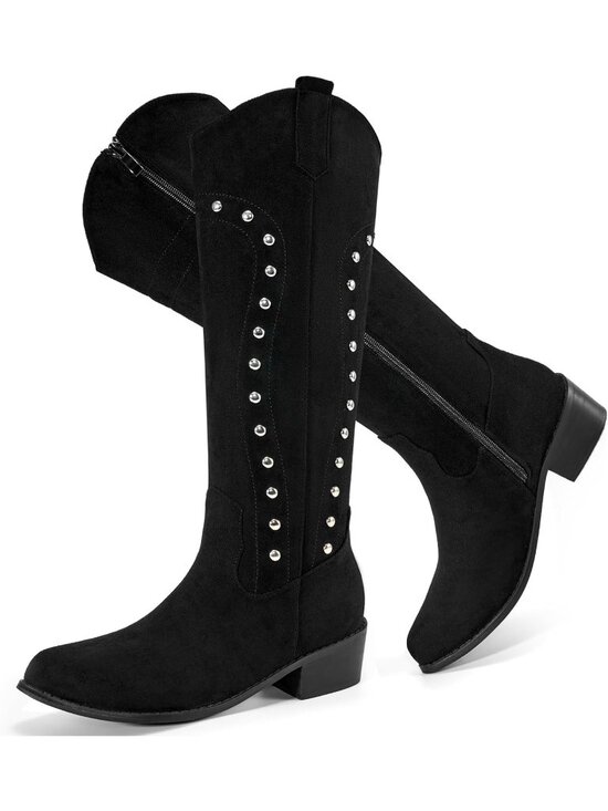 Shoes - Women's Black Western Knee High Wide Calf Suede Cowgirl Boots Comfortable